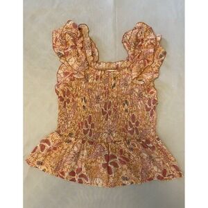 Nanette Lepore Women's L Sleeveless Smocked Ruffle Peplum Floral Blouse